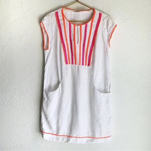 Boden Jessica Linen Dress White Pink Sz 8 Petite - Picture 2 of 7